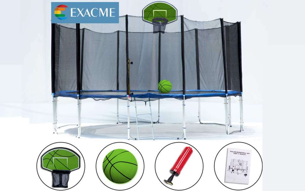 ExacMe 15 Foot Luxury Trampoline with Rectangular Basketball Hoop and