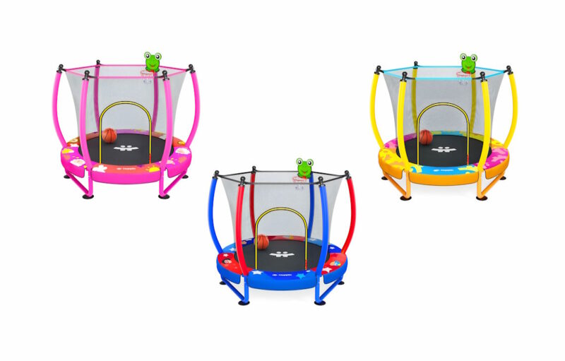 happin toddler trampoline in red/blue, yellow and pink