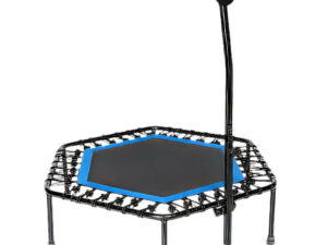 A compact hexagonal rebounder trampoline with a black and blue jumping mat, featuring a sturdy adjustable handlebar and durable elastic bungee cords.