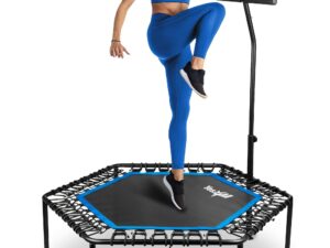 A fitness enthusiast performing a high knee exercise on a hexagonal rebounder trampoline with a sleek black frame and blue accents.