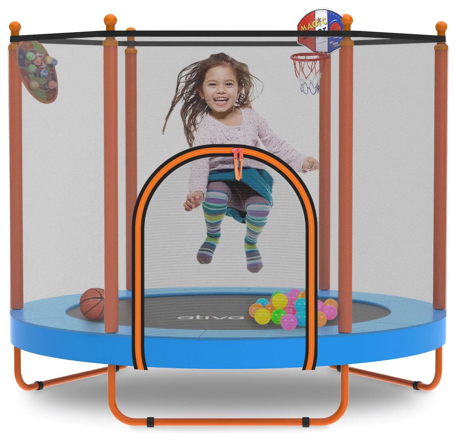 A child jumping on a blue trampoline with an orange and black safety enclosure, featuring a basketball hoop and colorful ball pit accessories.