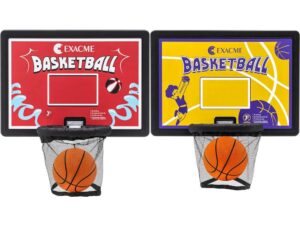 Two ExacMe trampoline basketball hoop backboards, one in red with basketball graphics and the other in yellow with playful basketball illustrations, each featuring a hoop, net, and an orange basketball.