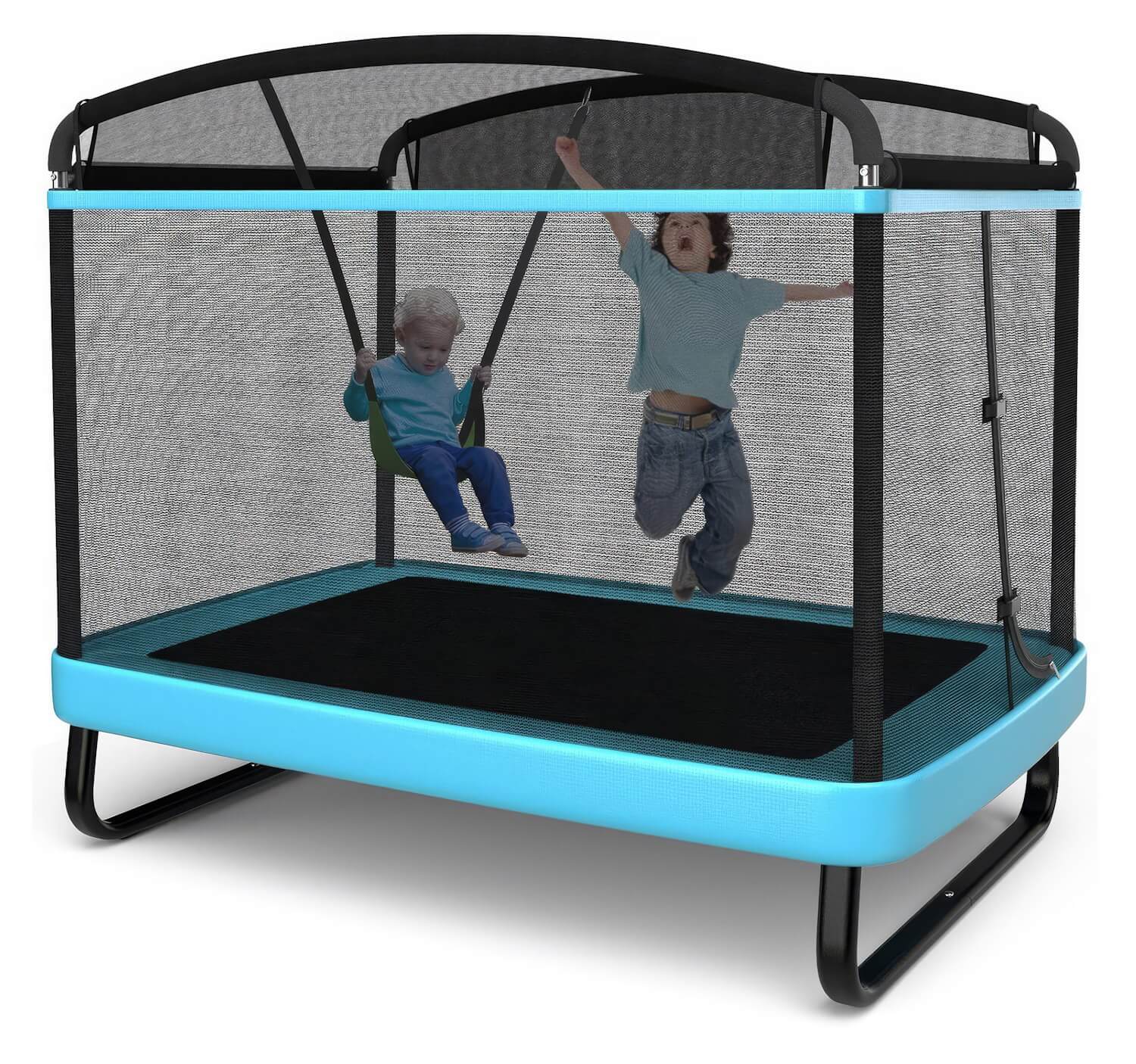 A black and blue rectangular trampoline with a safety enclosure, designed for indoor and outdoor play.