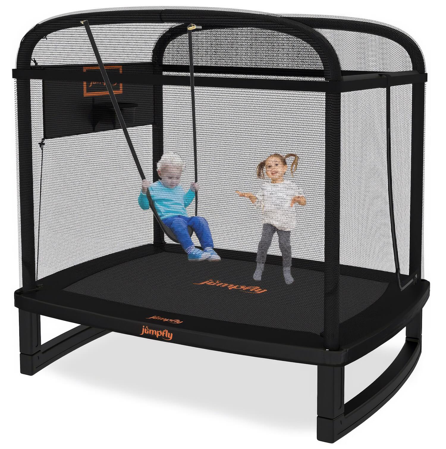 A sleek black trampoline with orange branding, a safety net, and built-in swings, providing dual functionality for kids.