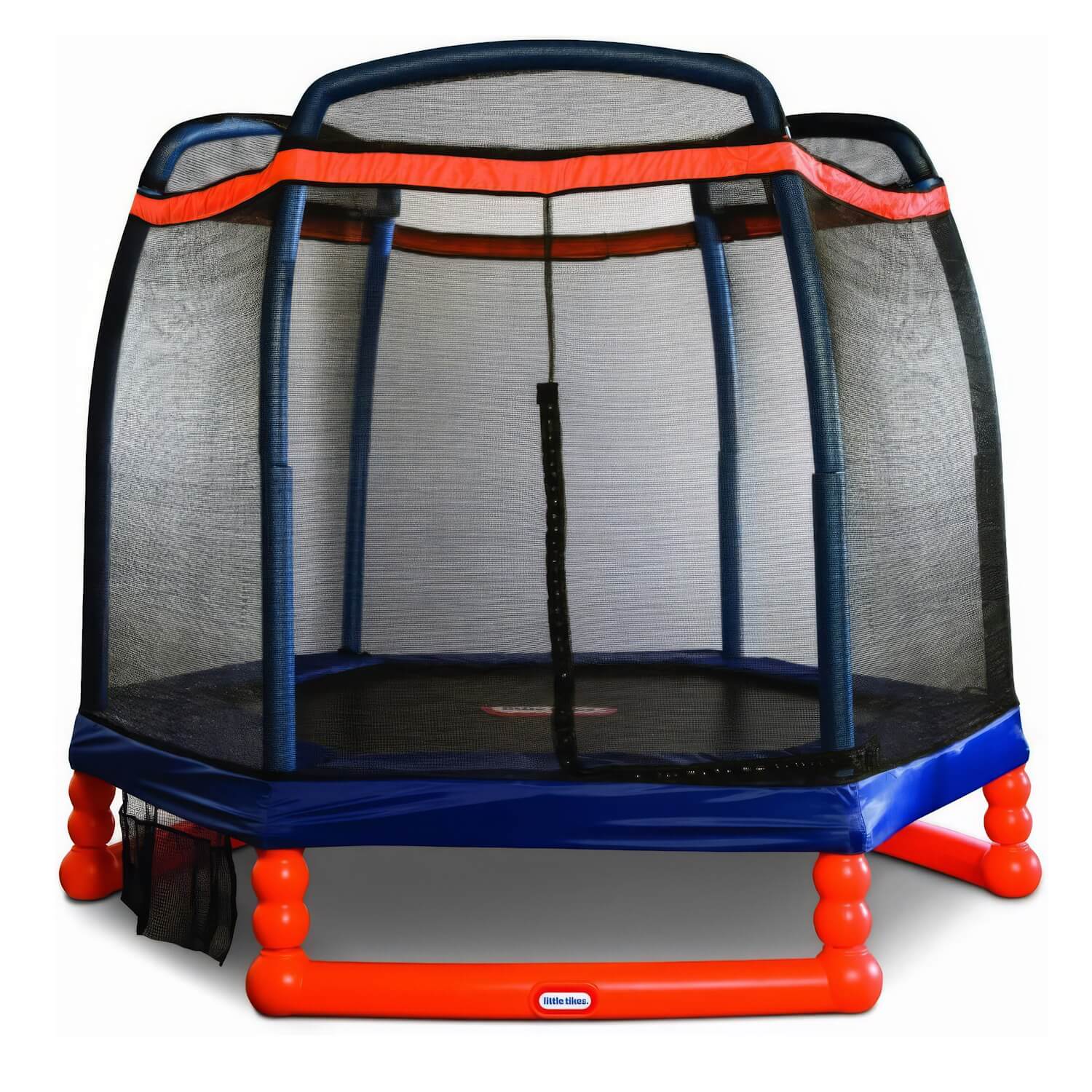 A compact blue and orange trampoline designed for toddlers, featuring a safety enclosure and a sturdy frame.