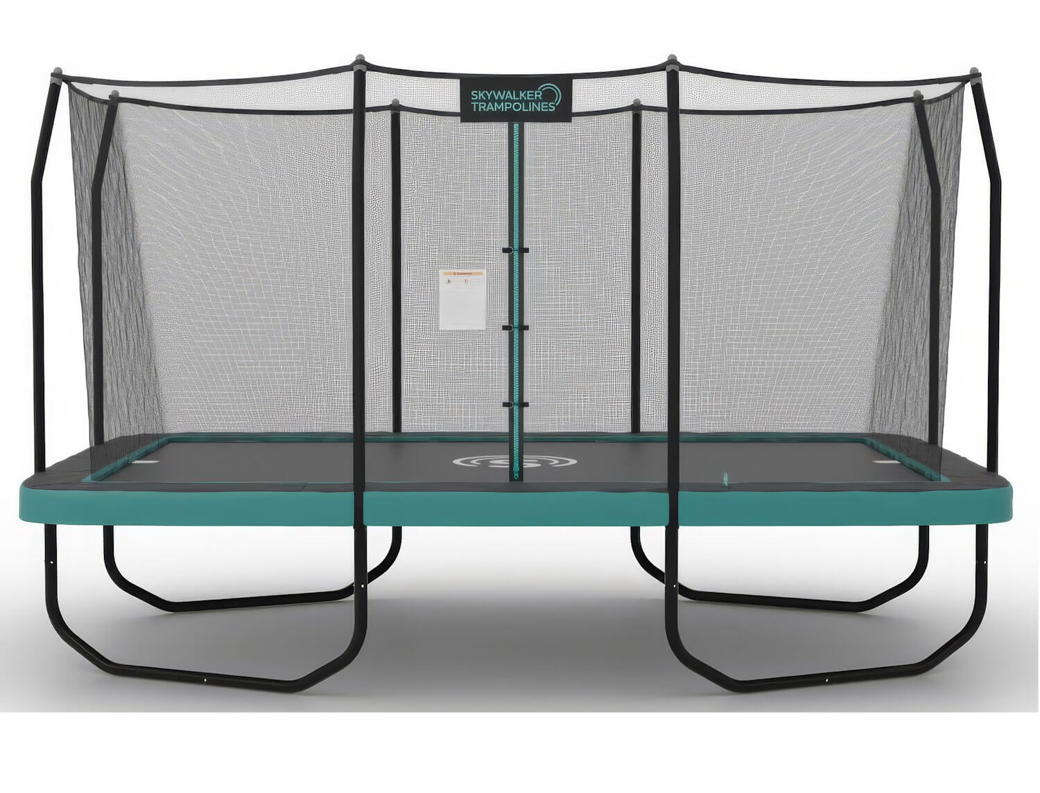 A rectangular trampoline with a green safety enclosure, providing ample jumping space for families.