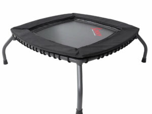 A black quadrilateral-shaped mini trampoline with sturdy legs and a protective edge cover, designed for low-intensity full-body workouts. Features 36 wear-resistant adjustable elastics for smooth jumping.