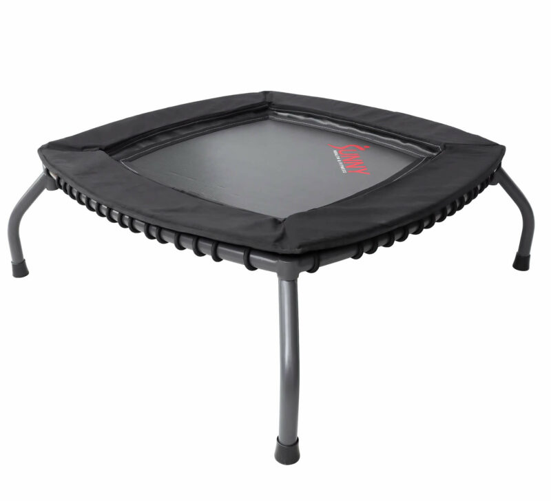 A black quadrilateral-shaped mini trampoline with sturdy legs and a protective edge cover, designed for low-intensity full-body workouts. Features 36 wear-resistant adjustable elastics for smooth jumping.