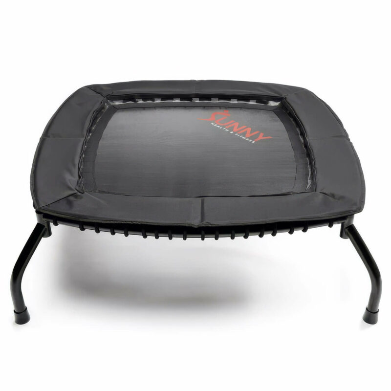 A top-down view of the 36-inch Sunny Health & Fitness trampoline, showcasing its quadrilateral design with a padded edge cover.