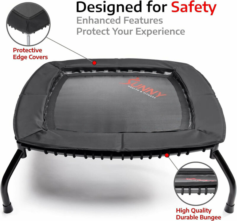 The trampoline with a close-up view highlighting its protective edge cover and durable bungee cords, designed to ensure a safe workout experience.