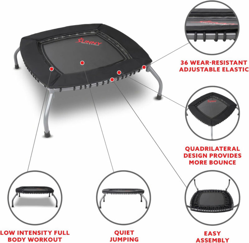 A detailed specification chart of the 40-inch trampoline showing its dimensions (42.5 inches by 42.5 inches) and height of 13.4 inches, emphasizing its safety features.