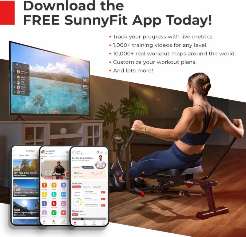 A promotional image of the SunnyFit app showing workout tracking, over 1,000 training videos, and customization options. The image includes a woman using fitness equipment while following the app on a large screen.