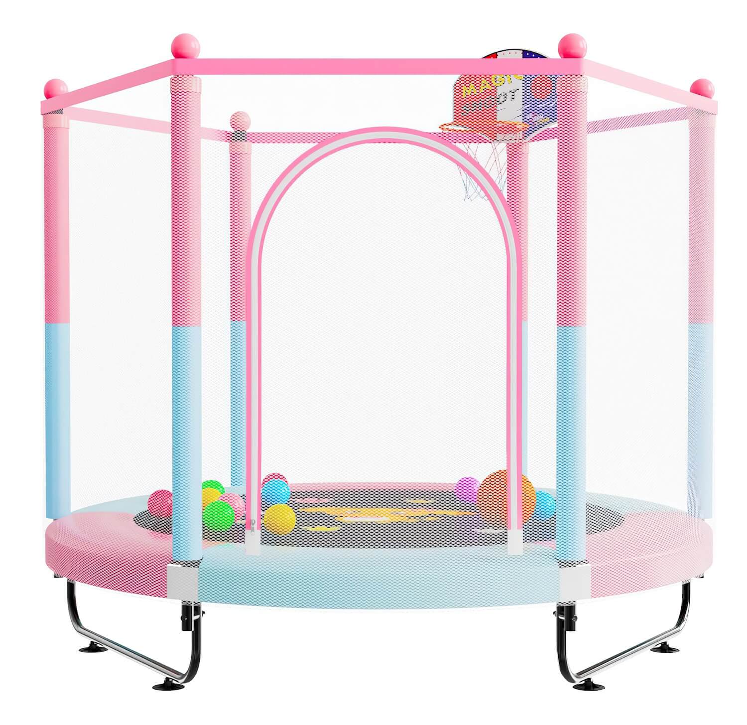 A pastel pink and blue trampoline for toddlers, featuring a safety enclosure, basketball hoop, and colorful ball pit.