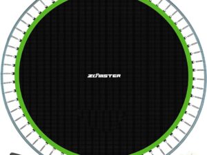 Top view of the Zoomster replacement trampoline mat, designed for 14 ft round trampoline frames, featuring a durable black polypropylene mesh with green edging and 72 V-hook attachments.