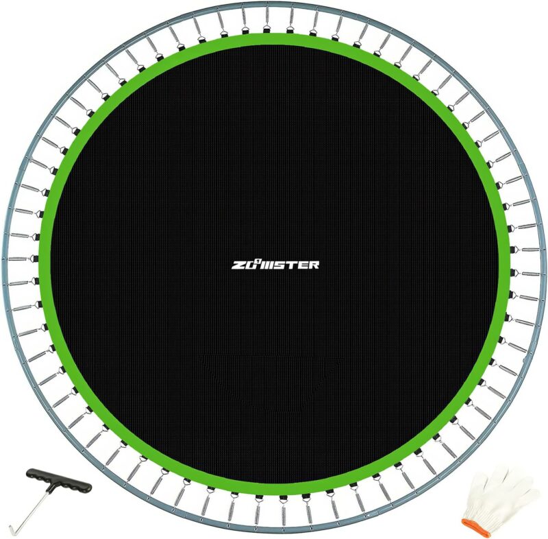 Top view of the Zoomster replacement trampoline mat, designed for 14 ft round trampoline frames, featuring a durable black polypropylene mesh with green edging and 72 V-hook attachments.