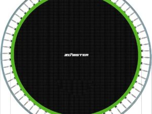 Diagram showing specifications for the Zoomster replacement trampoline mat, including compatibility with 14 ft frames, 72 V-hooks, 5.5-inch springs, and a mat diameter of 150 inches.