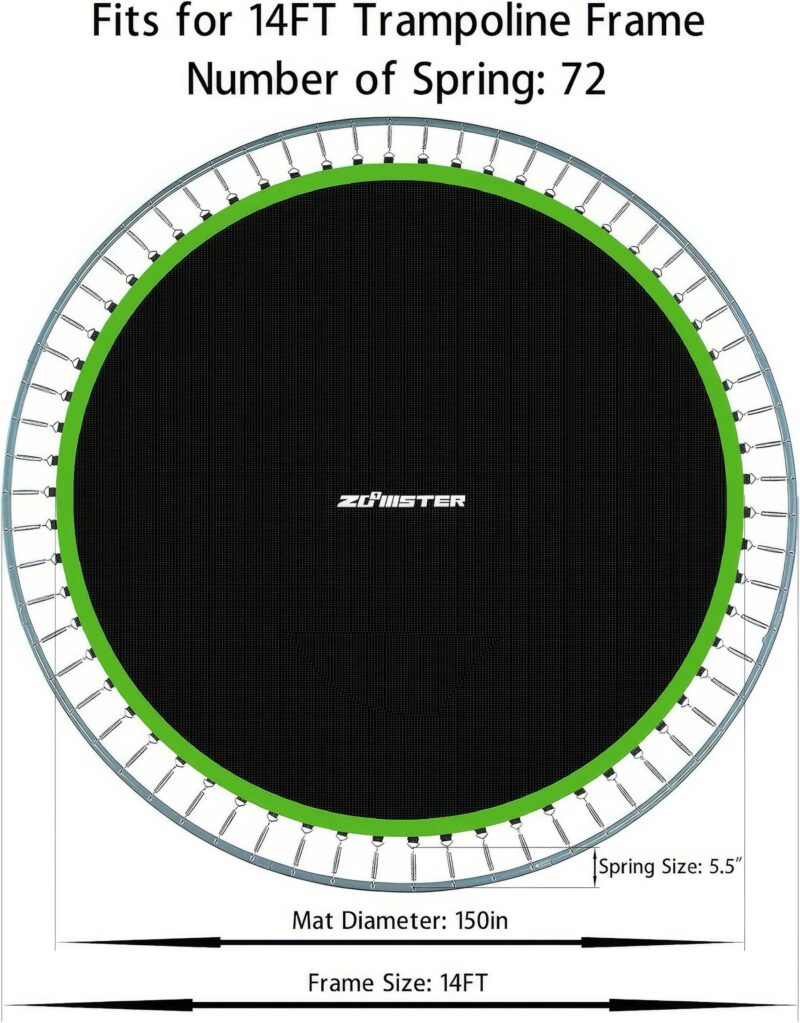 Diagram showing specifications for the Zoomster replacement trampoline mat, including compatibility with 14 ft frames, 72 V-hooks, 5.5-inch springs, and a mat diameter of 150 inches.