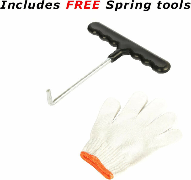 Spring installation tool and a pair of white gloves included in the Zoomster replacement trampoline mat package for easy and safe installation.