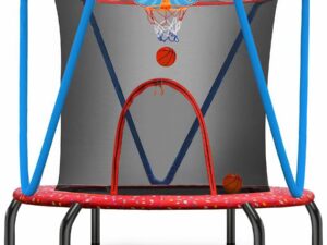 indoor zupapa trampoline for kids with basketball hoop, in red and blue