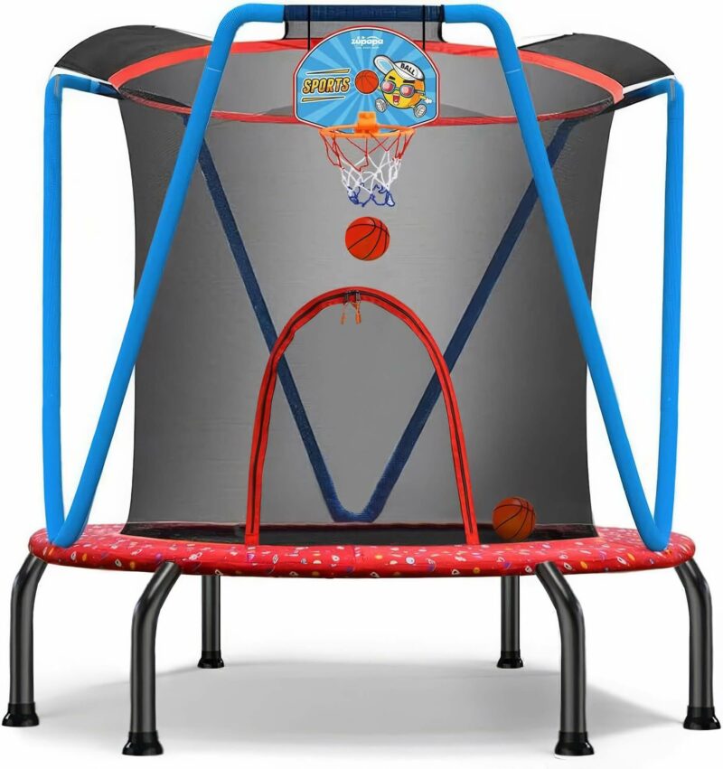 indoor zupapa trampoline for kids with basketball hoop, in red and blue