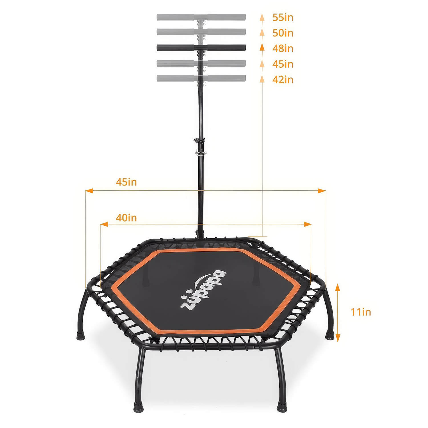 A hexagonal Zupapa rebounder with adjustable handrail heights, black and orange design, and compact dimensions for fitness use.