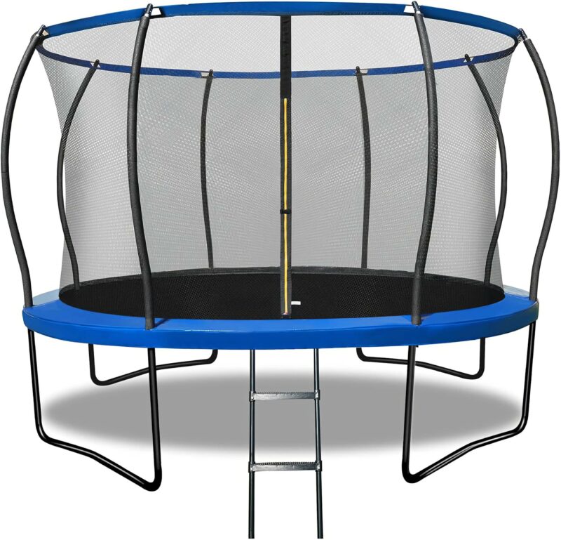 wamkos trampoline - blue, round, with 4 W shaped legs, enclosure and a ladder