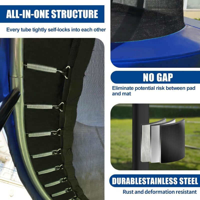 Detailed view of Wamkos trampoline spring system and padding, showing all-in-one tube structure with no-gap safety connection between pad and mat, and durable galvanized stainless steel frame.
