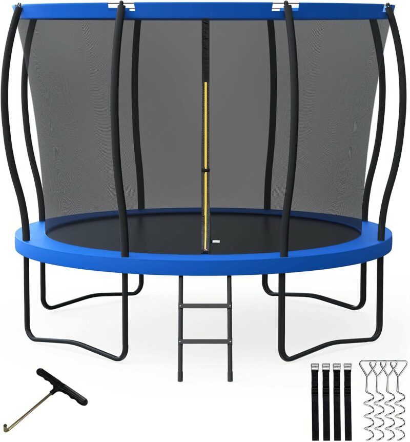 Full image of Wamkos 12FT round trampoline in black and blue with curved enclosure poles, safety net, sturdy ladder, wind stakes, and spring tool included.