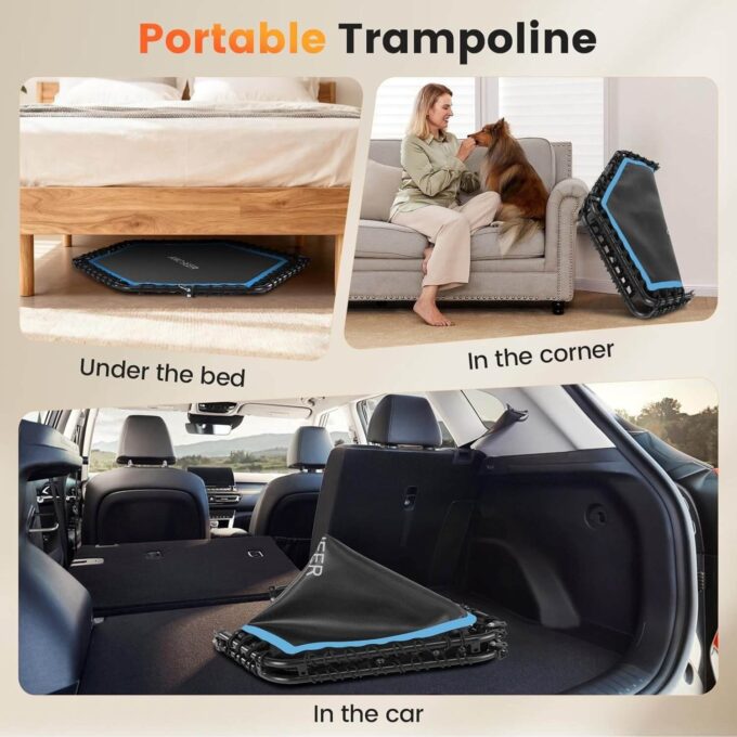 ANCHEER 50-inch rebounder folded for storage under a bed, in a corner, and in a car trunk