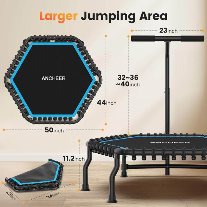 ANCHEER 50-inch rebounder dimensions: 50-inch hexagonal frame, 11.2-inch height, folds to 25 by 34 inches