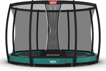 BERG Champion InGround round trampoline with Safety Net Deluxe, installed at lawn level in a garden