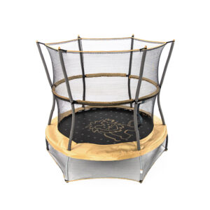 Skywalker 60-inch Round Safari Explorer Mini Trampoline with full enclosure net, yellowish-orange spring pad and lion-themed black jump mat