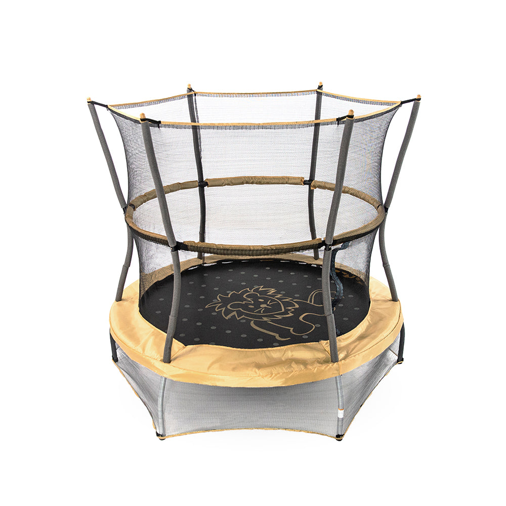 Skywalker 60-inch Round Safari Explorer Mini Trampoline with full enclosure net, yellowish-orange spring pad and lion-themed black jump mat