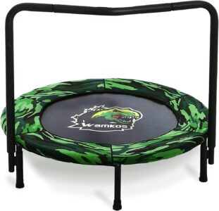 Wamkos 36 inch dinosaur-themed mini trampoline with foam-padded handlebar, Woodland Camo design