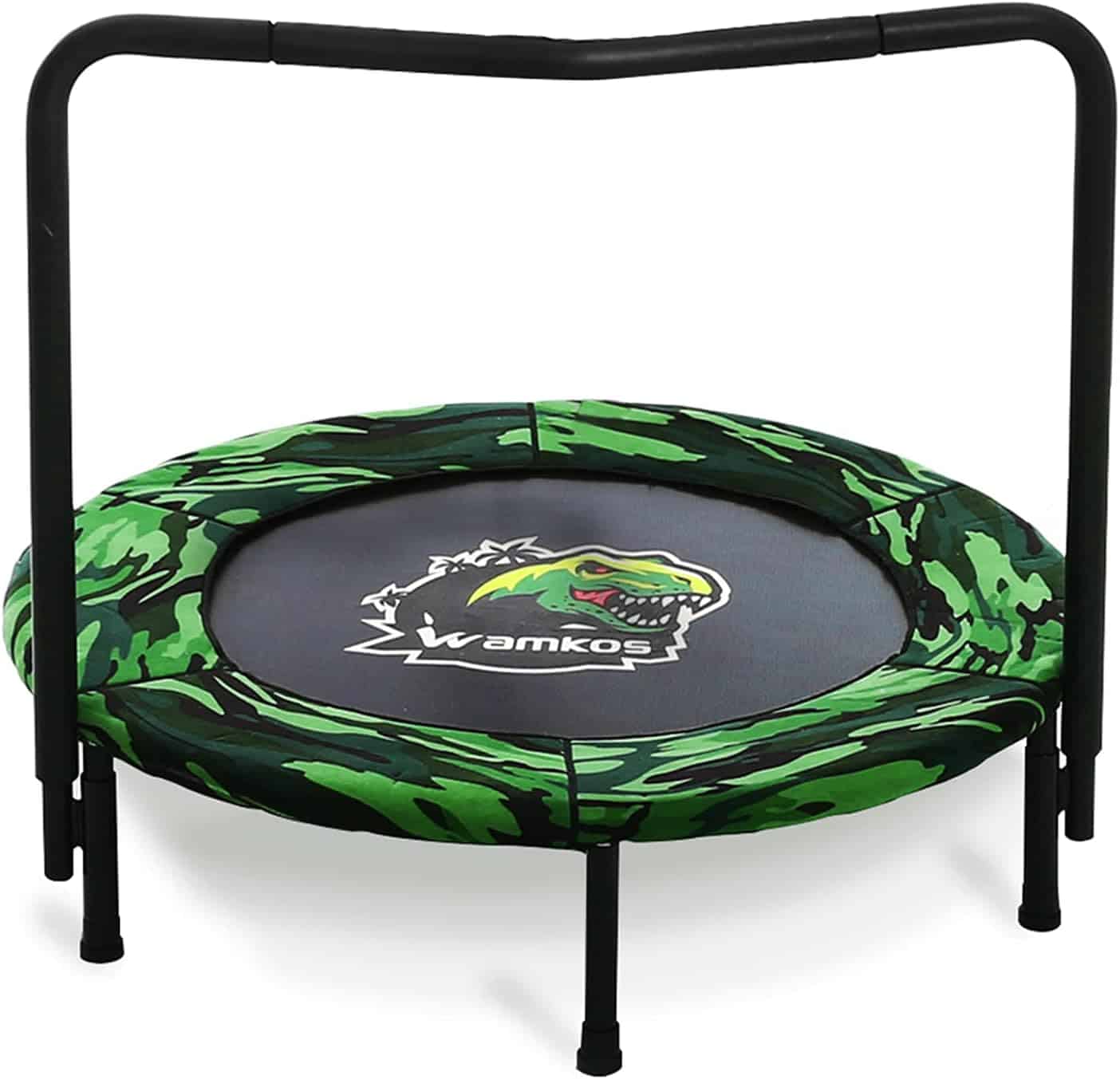 Wamkos 36 inch dinosaur-themed mini trampoline with foam-padded handlebar, Woodland Camo design